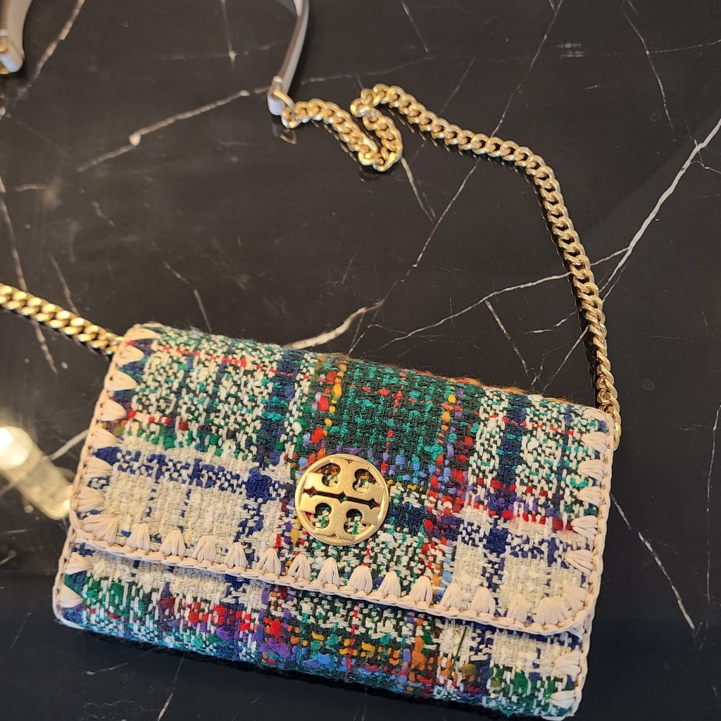 Tori Burch Willa Tweed Chain Wallet In Nubby Tartan Tweed